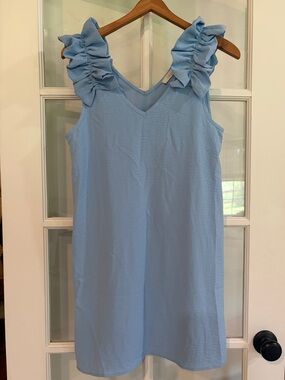 ENTRO Blue Ruffle Dress - Crepe fabric, Flowy, Feminine, Sleeveless, V-Neck
